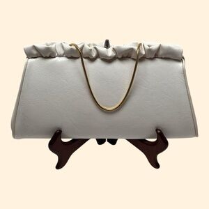 1960s Vintage White Faux Leather Ruffle Top Handbag with Gold Chain